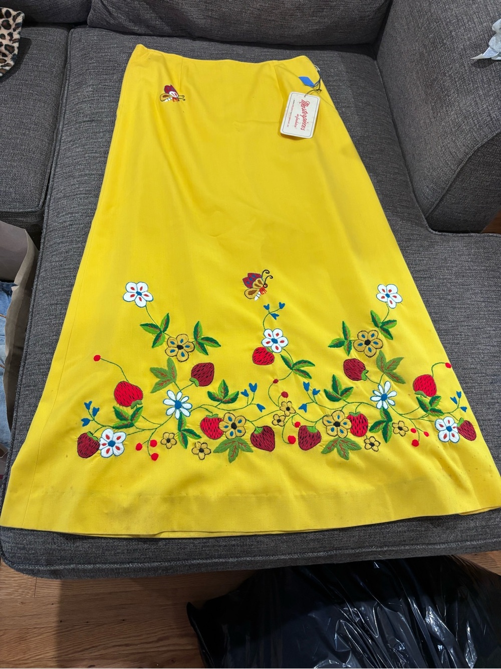 Vintage 70s Helen Fabrikant Hand Embroidered Strawberry Maxi Skirt Yellow NOS
